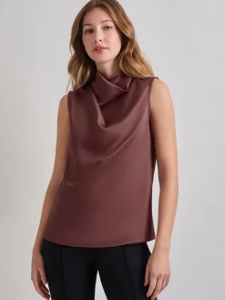 Tops & Tees|Tanks|Misook High Neck Draped Crepe de Chine Blouse Mahogany