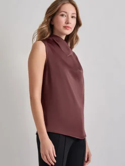 Tops & Tees|Tanks|Misook High Neck Draped Crepe de Chine Blouse Mahogany