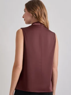 Tops & Tees|Tanks|Misook High Neck Draped Crepe de Chine Blouse Mahogany