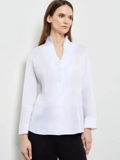 Blouses & Shirts|Tops & Tees|Misook Hi-Neck Stretch Cotton Blouse White