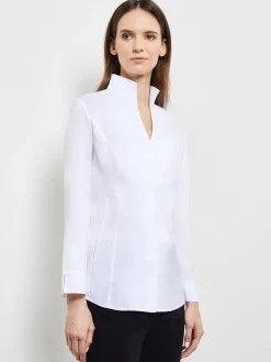 Blouses & Shirts|Tops & Tees|Misook Hi-Neck Stretch Cotton Blouse White