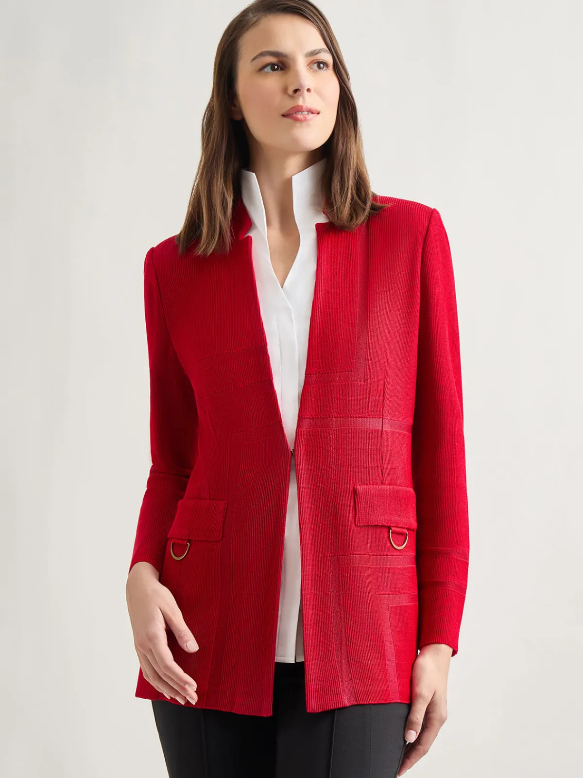 Jackets & Coats|Misook Inverted Notch Collar Tailored Knit Jacket Rouge