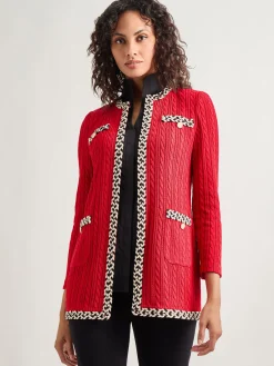 Jackets & Coats|Misook Jewel Neck Contrast Trim Cable Knit Jacket Rouge/Biscotti/Black