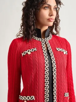 Jackets & Coats|Misook Jewel Neck Contrast Trim Cable Knit Jacket Rouge/Biscotti/Black