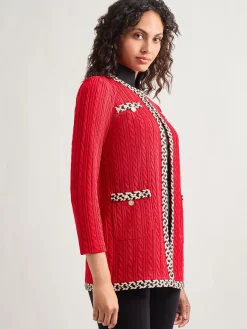 Jackets & Coats|Misook Jewel Neck Contrast Trim Cable Knit Jacket Rouge/Biscotti/Black