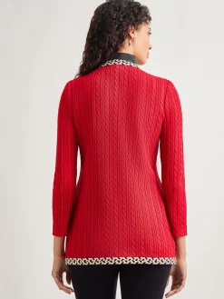 Jackets & Coats|Misook Jewel Neck Contrast Trim Cable Knit Jacket Rouge/Biscotti/Black
