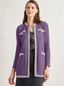 Jackets & Coats|Misook Jewel Neck Contrast Trim Cable Knit Jacket PlumRoyale/Biscotti/Black