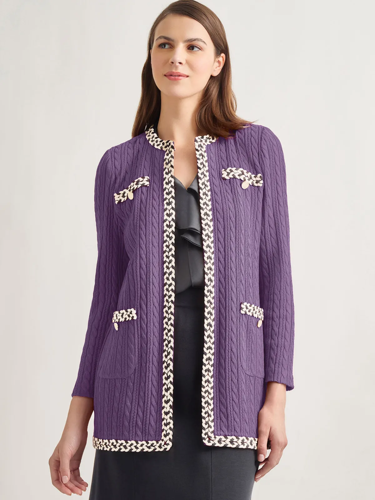 Jackets & Coats|Misook Jewel Neck Contrast Trim Cable Knit Jacket PlumRoyale/Biscotti/Black