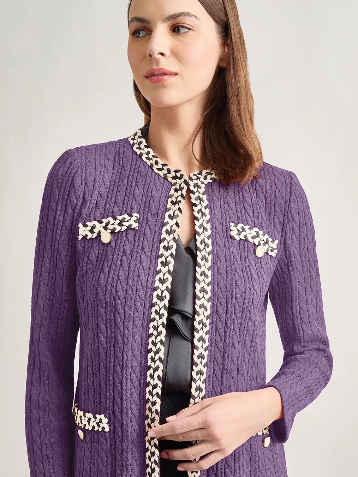 Jackets & Coats|Misook Jewel Neck Contrast Trim Cable Knit Jacket PlumRoyale/Biscotti/Black