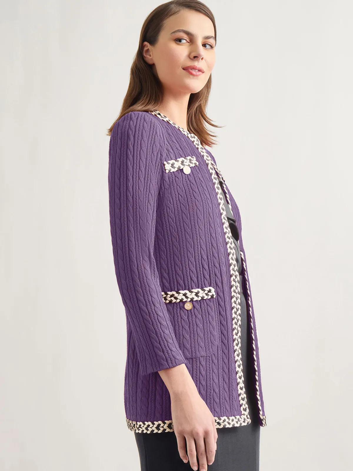 Jackets & Coats|Misook Jewel Neck Contrast Trim Cable Knit Jacket PlumRoyale/Biscotti/Black