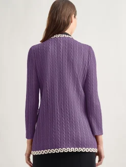 Jackets & Coats|Misook Jewel Neck Contrast Trim Cable Knit Jacket PlumRoyale/Biscotti/Black