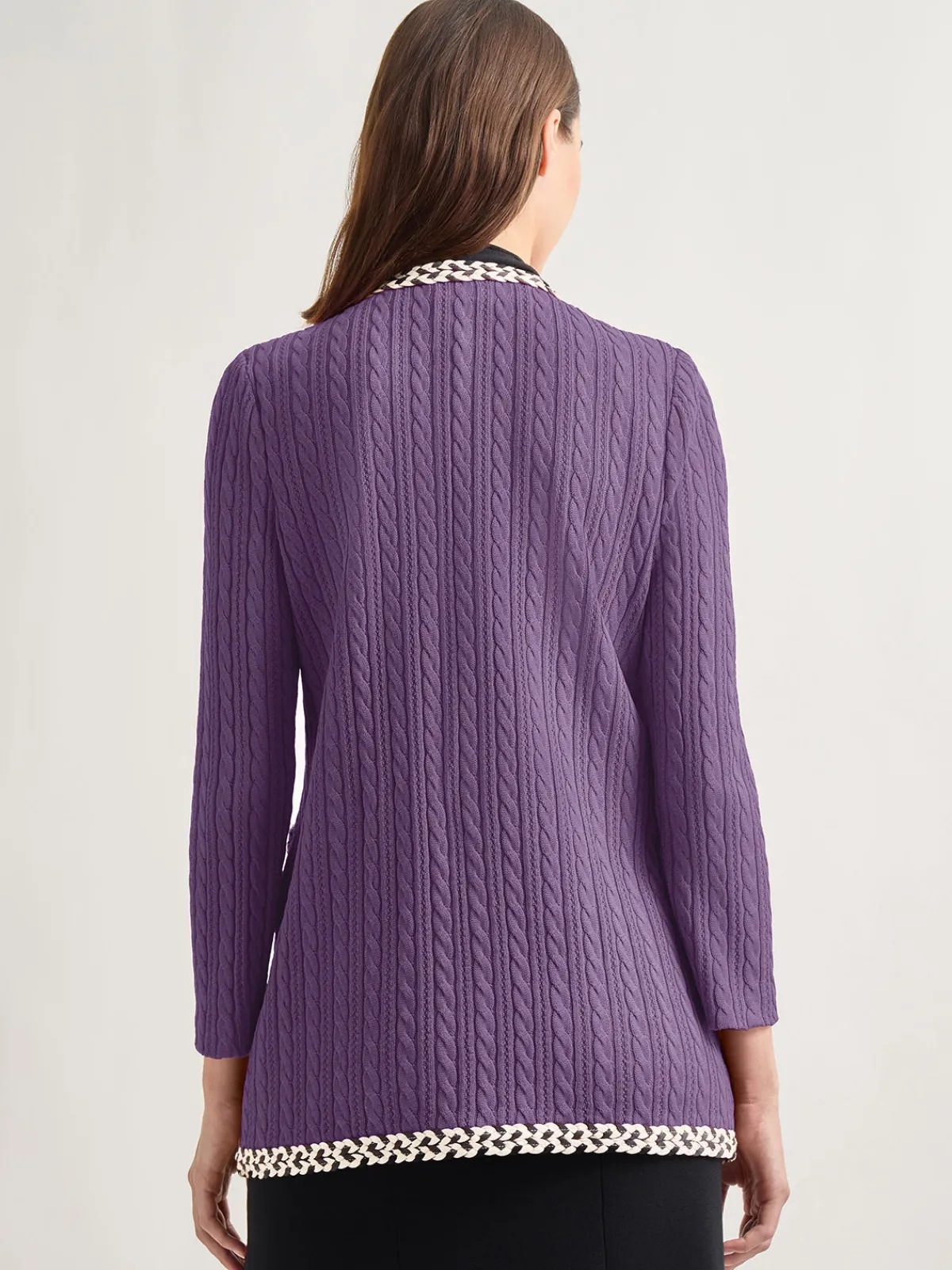 Jackets & Coats|Misook Jewel Neck Contrast Trim Cable Knit Jacket PlumRoyale/Biscotti/Black