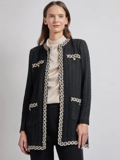 Jackets & Coats|Misook Jewel Neck Contrast Trim Cable Knit Jacket Black/Biscotti