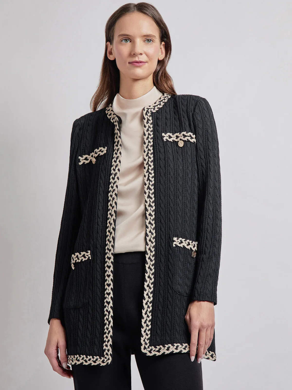 Jackets & Coats|Misook Jewel Neck Contrast Trim Cable Knit Jacket Black/Biscotti