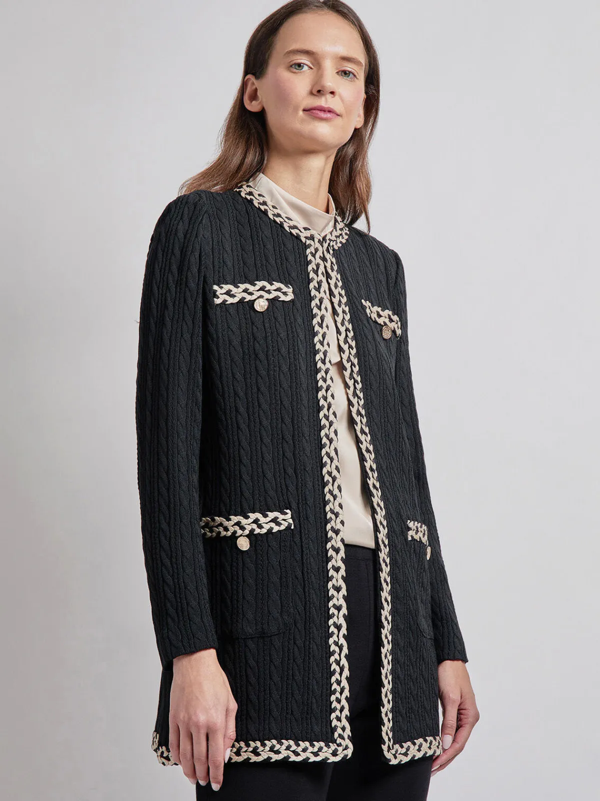 Jackets & Coats|Misook Jewel Neck Contrast Trim Cable Knit Jacket Black/Biscotti