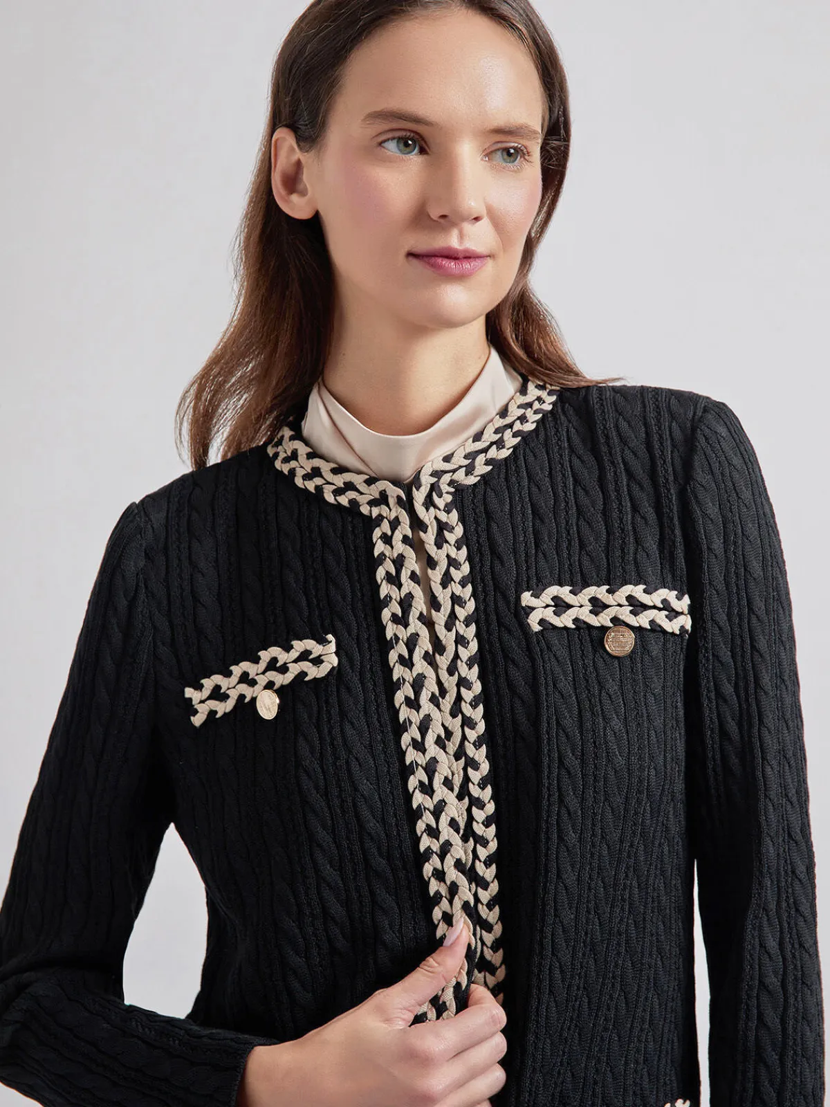 Jackets & Coats|Misook Jewel Neck Contrast Trim Cable Knit Jacket Black/Biscotti