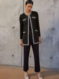Jackets & Coats|Misook Jewel Neck Contrast Trim Cable Knit Jacket Black/Biscotti
