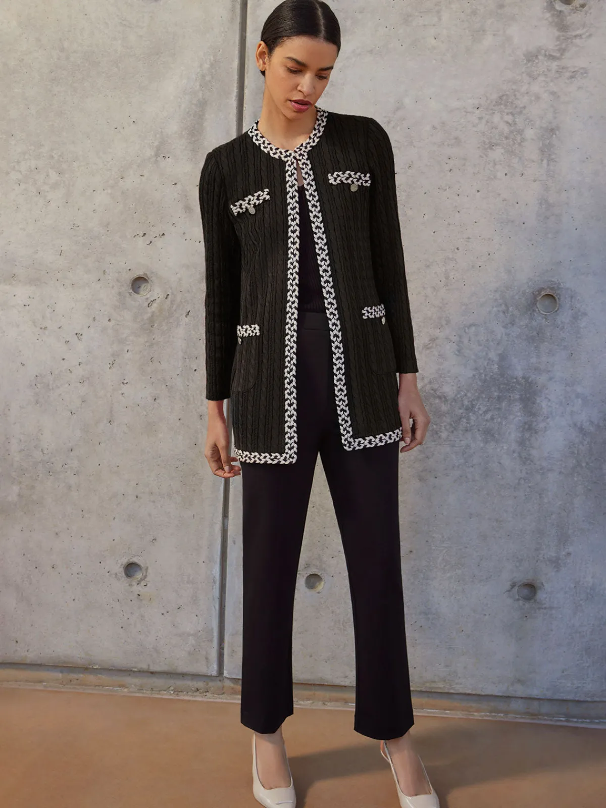 Jackets & Coats|Misook Jewel Neck Contrast Trim Cable Knit Jacket Black/Biscotti