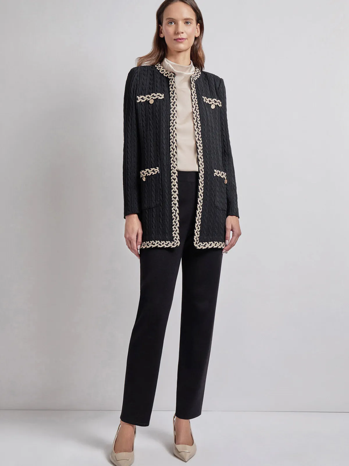 Jackets & Coats|Misook Jewel Neck Contrast Trim Cable Knit Jacket Black/Biscotti