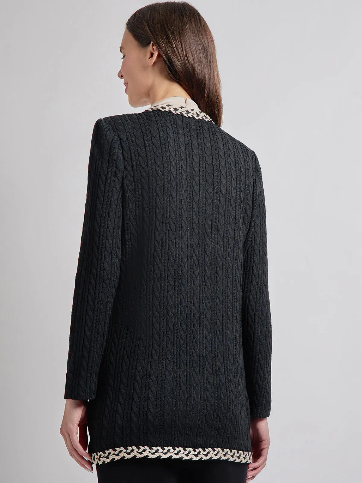 Jackets & Coats|Misook Jewel Neck Contrast Trim Cable Knit Jacket Black/Biscotti
