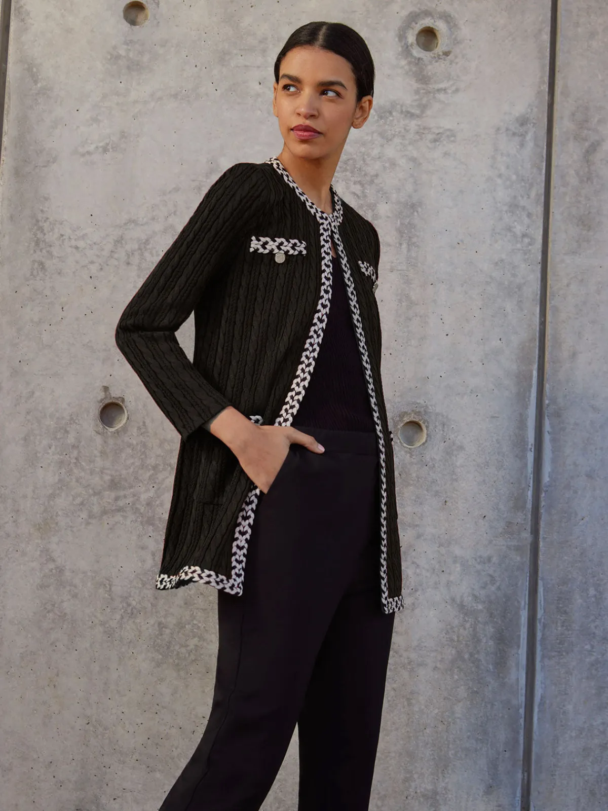 Jackets & Coats|Misook Jewel Neck Contrast Trim Cable Knit Jacket Black/Biscotti