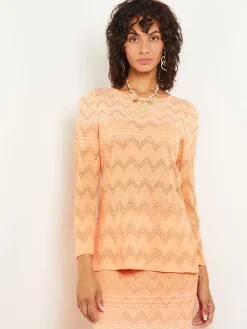 Tops & Tees|Misook Jewel Neck Tunic - Ombre Pointelle Soft Knit Citrine/ItalianClay/Biscotti