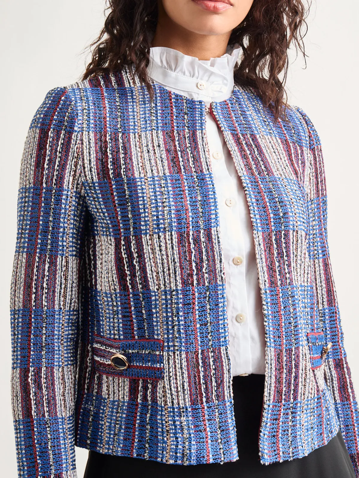 Jackets & Coats|Misook Jewel Neck Tweed Jacket Sand/NewIvory/Black/LyonsBlue/Russet
