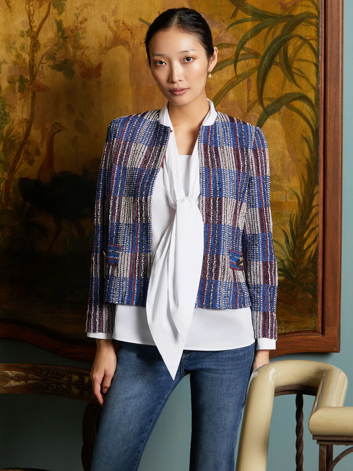 Jackets & Coats|Misook Jewel Neck Tweed Jacket Sand/NewIvory/Black/LyonsBlue/Russet