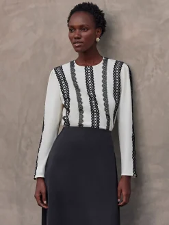 Blouses & Shirts|Tops & Tees|Misook Lace Applique Woven Blouse NewIvory/Black
