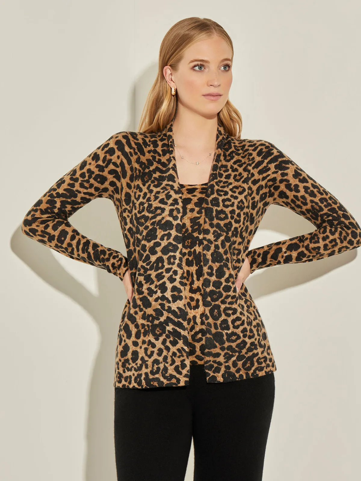 Jackets & Coats|Misook Leopard Print Open Front Cashmere Cardigan Camel/Black