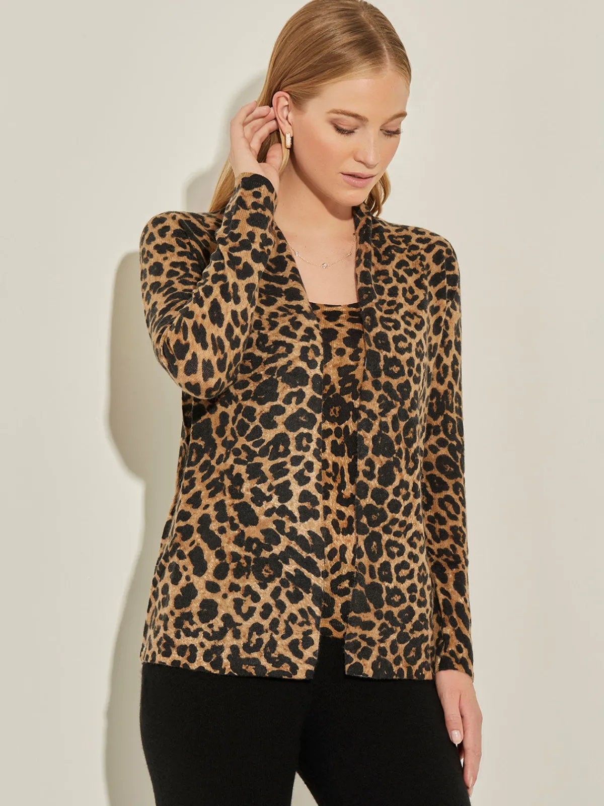 Jackets & Coats|Misook Leopard Print Open Front Cashmere Cardigan Camel/Black