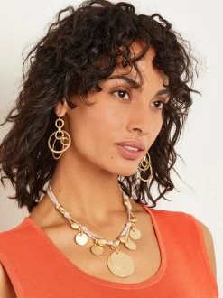 Accessories|Necklaces|Misook Matte Gold Coin Charm Natural Leather & Suede Necklace MatteGold