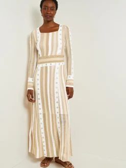 Dresses|Misook Maxi A-Line Dress - Multi-Stitch Grommet Detail Knit Parchment/Sand/NewIvory