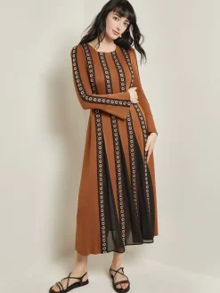 Dresses|Misook Maxi A-Line Dress - Sheer Panel Soft Knit Copper/Black