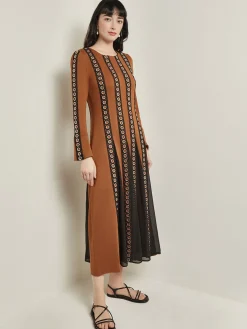 Dresses|Misook Maxi A-Line Dress - Sheer Panel Soft Knit Copper/Black