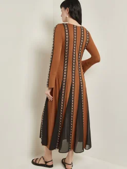 Dresses|Misook Maxi A-Line Dress - Sheer Panel Soft Knit Copper/Black