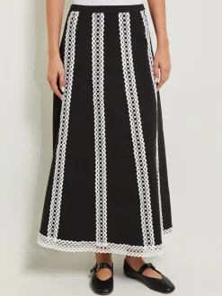 Skirts|Misook Maxi A-Line Skirt - Eyelet Trim Woven Twill Black/White