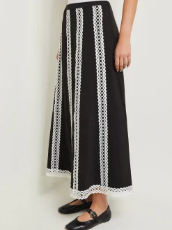 Skirts|Misook Maxi A-Line Skirt - Eyelet Trim Woven Twill Black/White