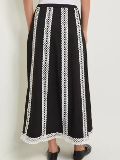 Skirts|Misook Maxi A-Line Skirt - Eyelet Trim Woven Twill Black/White