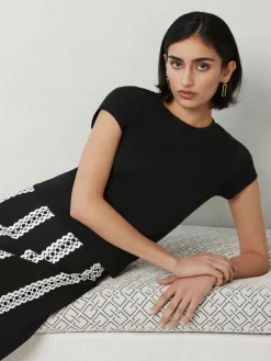 Skirts|Misook Maxi A-Line Skirt - Eyelet Trim Woven Twill Black/White