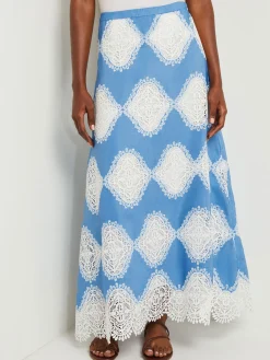 Skirts|Misook Maxi A-Line Skirt - Lace Inset Novelty Woven AdriaticBlue/White