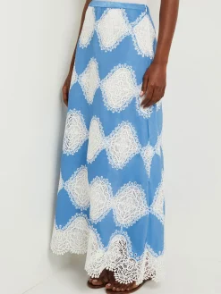 Skirts|Misook Maxi A-Line Skirt - Lace Inset Novelty Woven AdriaticBlue/White