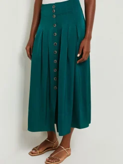 Skirts|Misook Maxi Button Front A-Line Skirt - Pleated Woven Spruce