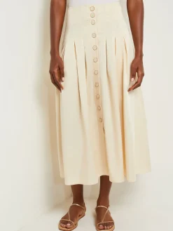Skirts|Misook Maxi Button Front A-Line Skirt - Pleated Woven Parchment/NewIvory