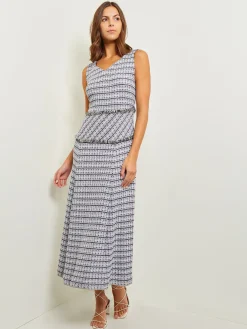 Dresses|Misook Maxi Drop Waist Dress - Fringe Trim Soft Tweed Knit Black/White