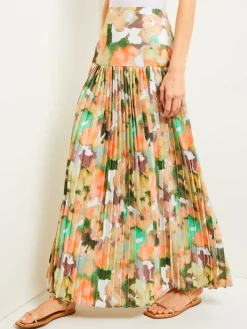 Skirts|Misook Maxi Drop Waist Skirt - Pleated Watercolor Woven VerdantClover/ParadiseGreen/PaleGold/Charmeuse/PeachBlossom/White