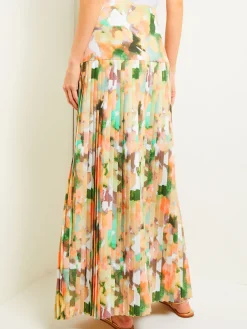 Skirts|Misook Maxi Drop Waist Skirt - Pleated Watercolor Woven VerdantClover/ParadiseGreen/PaleGold/Charmeuse/PeachBlossom/White