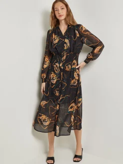 Dresses|Misook Maxi Fit & Flare Dress - Printed Woven Chiffon Black/Ochre/Spruce/Copper/NewIvory