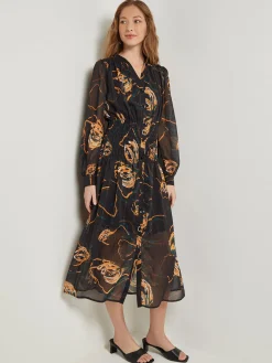 Dresses|Misook Maxi Fit & Flare Dress - Printed Woven Chiffon Black/Ochre/Spruce/Copper/NewIvory