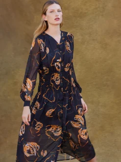 Dresses|Misook Maxi Fit & Flare Dress - Printed Woven Chiffon Black/Ochre/Spruce/Copper/NewIvory